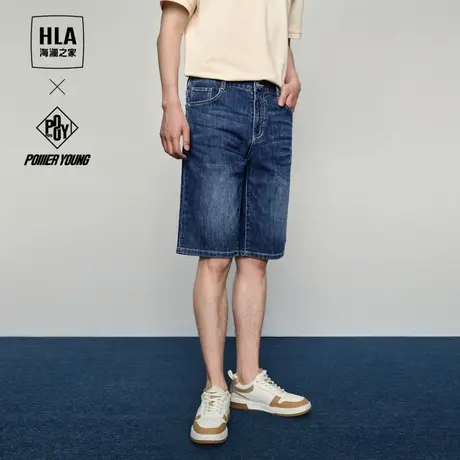 HLA/海澜之家POWER YOUNG牛仔中裤25夏季新款时尚皮标短裤子男图片