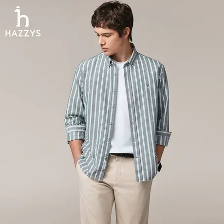 Hazzys哈吉斯秋季上衣竖条纹休闲衬衫通勤简约男士长袖衬衣潮外套图片
