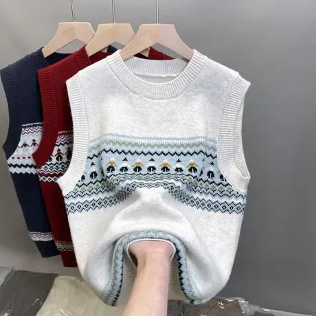 提花针织马甲背心2024早春新款外搭上衣无袖圆领领针织毛衣马夹女商品大图