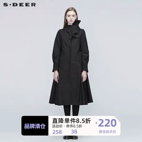 sdeer圣迪奥黑色风衣女装不规则拼接格纹长风衣外套女S20381801图片