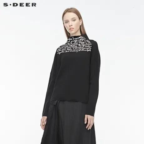 sdeer圣迪奥冬季半高领撞色字母肌理落肩袖纯黑毛衣女S194835G4图片