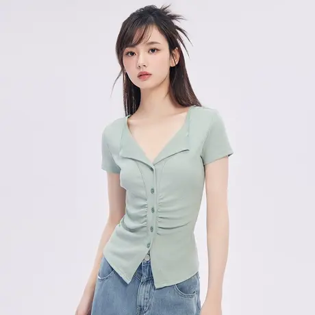 尔给短袖女t恤夏2024新款卡腰小衫短款洋气辣妹独特别致翻领上衣图片