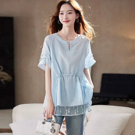 宝诗黎V领蕾丝拼接短袖衬衫2025夏季简约纯色百搭宽松休闲衬衣女图片