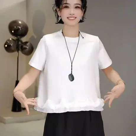 2025夏季新款时尚气质百搭洋气别致韩版宽松显瘦白色花边短袖T恤图片