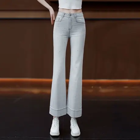 时尚烫钻莫兰迪灰牛仔微喇女2025夏季新款垂顺高腰九分喇叭马蹄裤商品大图