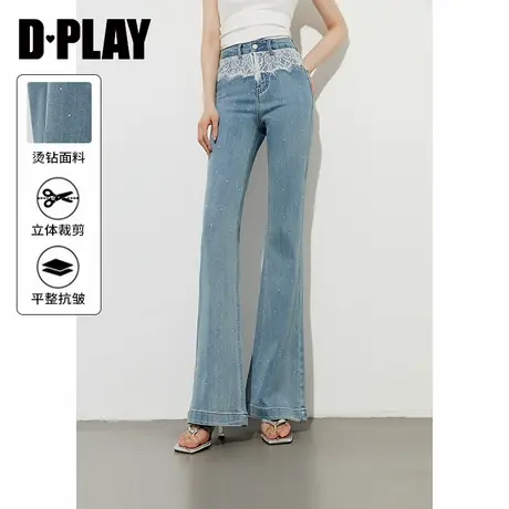 2025年夏季新款蓝色牛仔裤女流行好看蕾丝拼接长款微喇裤子长裤商品大图