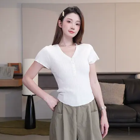 夏季薄款镂空半开领毛织衫女显瘦气质小众v领修身设计感打底上衣商品大图