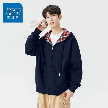 N5真维斯男士开衫卫衣2025秋季新款美式宽松男生春秋重磅连帽外套商品大图