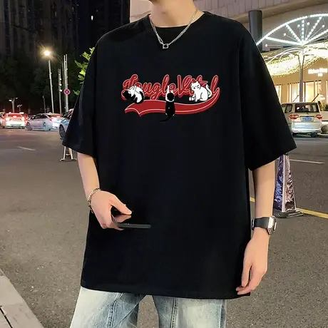 美式印花短袖t恤男女夏季2025新款纯棉半袖潮牌港风宽松圆领上衣商品大图