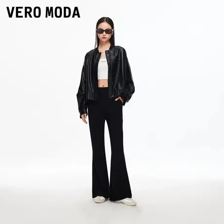 Vero Moda休闲裤2025秋季新款纯色含棉松紧腰显瘦通勤黑色微喇裤商品大图