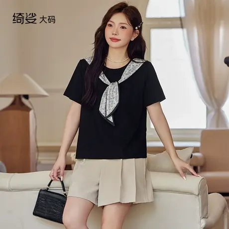 法式丝巾领结印花短袖t恤女设计感2025夏新大码胖MM正肩体恤上衣商品大图