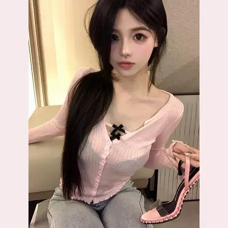 现货 韩国东大门又甜又美～木耳边扣子长袖修身针织衫春夏上衣商品大图