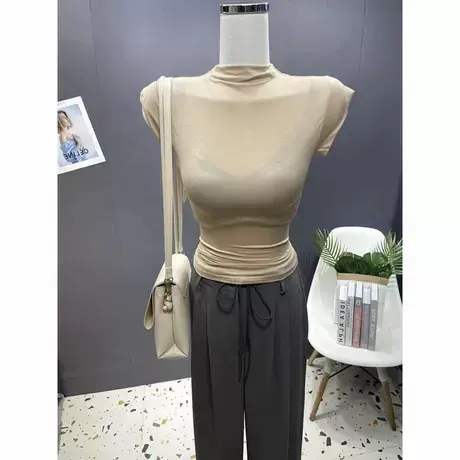 氧气辣妹～纯欲显胸大半高领短袖t恤女夏季韩版ins紧身百搭打底衫商品大图