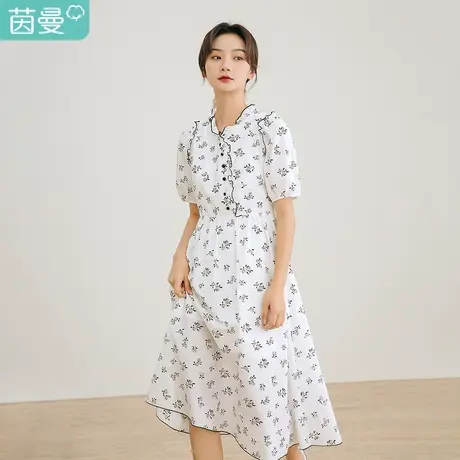 茵曼特价清仓春装田园风碎花立领花边A字裙显瘦短袖连衣裙女图片