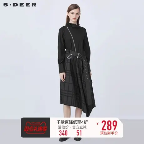 sdeer圣迪奥春秋装高领拼接格纹收腰不规则连衣裙S21381221商品大图