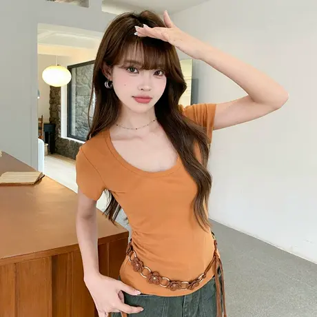 【尔给】夏季新款修身U领纯色正肩弹力基础短袖T恤显瘦辣妹上衣商品大图