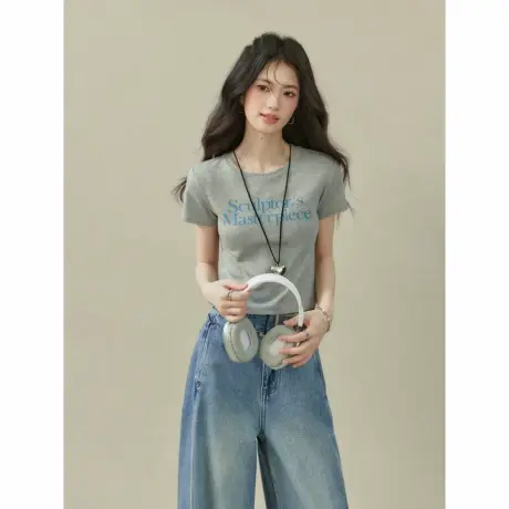 圆领韩系灰色字母印花短袖t恤女新款夏季短款洋气修身设计感上衣商品大图