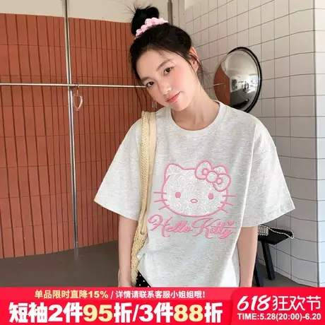 chic甜美风减龄正肩花灰色短袖t恤女宽松韩版Kitty猫印花半袖上衣商品大图