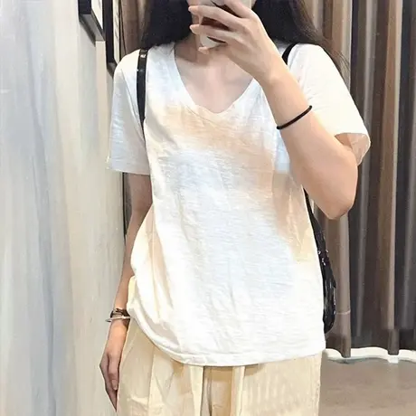 纯欲风白色V领正肩短袖T恤女夏季修身韩版打底衫内搭竹节棉上衣潮图片