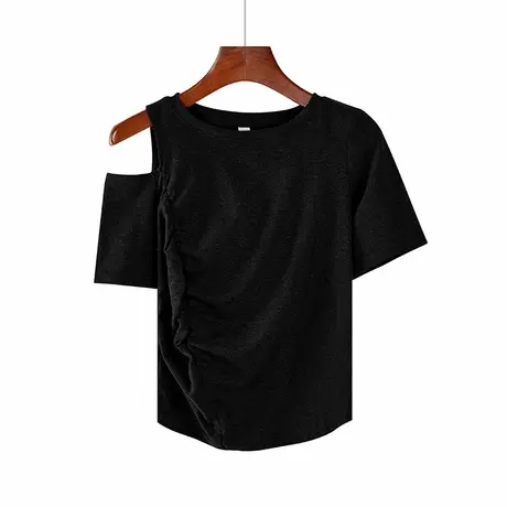 夏季新款韩版圆领纯棉修身纯色露肩纯欲短袖体恤上衣内搭女打底衫商品大图