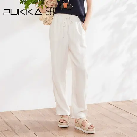 蒲PUKKA 天丝亚麻直筒裤女2025夏季新款宽松橡筋系带休闲长裤商品大图