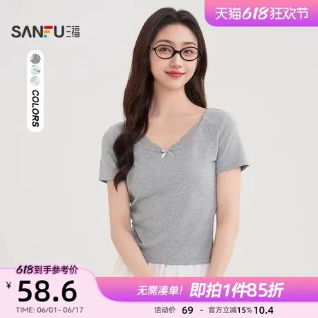 三福短袖女2025夏季别致漂亮蕾丝圆领露背短款t恤上衣女装502135图片