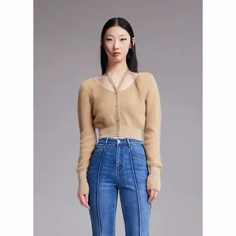 COCOON商场同款2024春夏新款温柔风挂脖镂空截短针织衫女商品大图