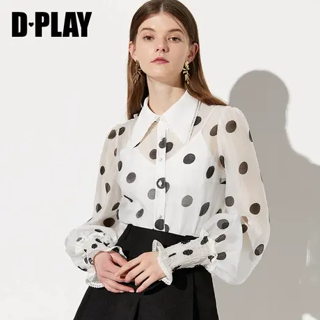 DPLAY秋款宽松翻领波点上衣复古气质黑白圆点灯笼长袖女衬衫商品大图