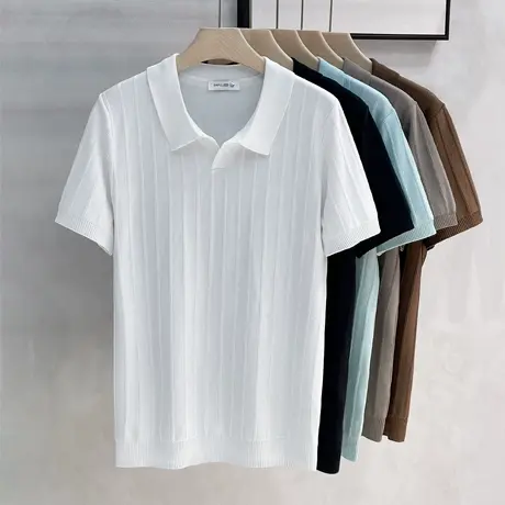 美式复古短袖针织衫男士肌理感商务休闲POLO衫男海鸥领翻领T恤男商品大图