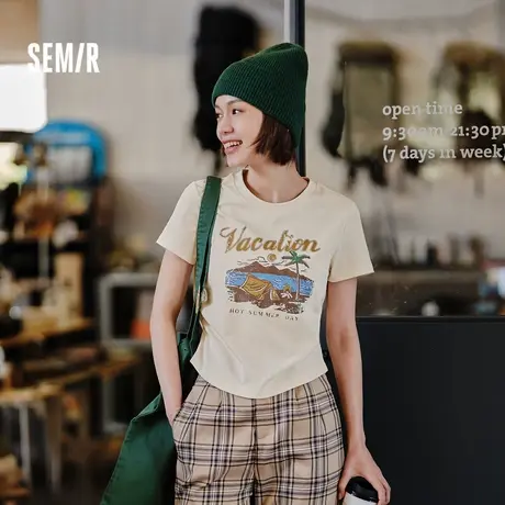 森马短袖T恤女短款设计感印花复古2024夏季新款正肩修身上衣小众图片