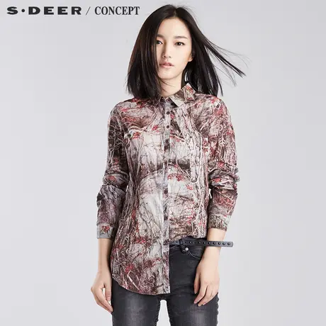 sdeer圣迪奥衬衫 女装诗意斑驳印花抓皱长袖衬衫S16380577图片