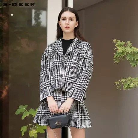 sdeer圣迪奥春装通勤平驳领撞色格纹西装外套女S21462244图片