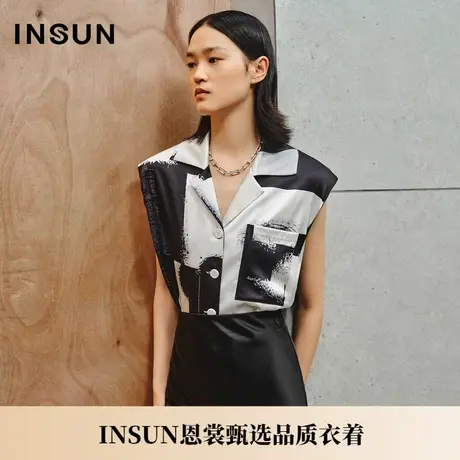【桑蚕丝】INSUN恩裳夏季几何撞色无袖真丝衬衣图片