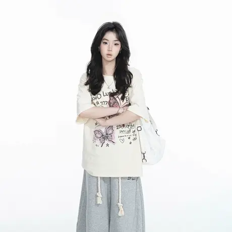 YEP2025春夏新款蝴蝶字母创意印花T恤短袖甜酷少女感宽松半袖上衣图片