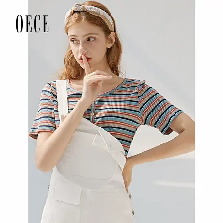 Oece春夏新款女可爱减龄条纹上衣圆领针织衫修身气质商品大图
