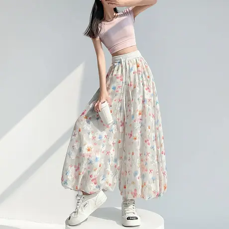 彩色冰丝碎花花苞裤裙女夏季薄款高腰宽松防晒雪纺仙女风休闲裤子商品大图