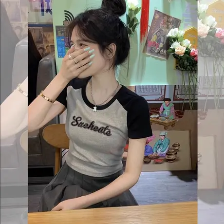 小个子短款辣妹甜飒风短袖T恤女夏季修身内搭打底衫插肩半袖上衣商品大图