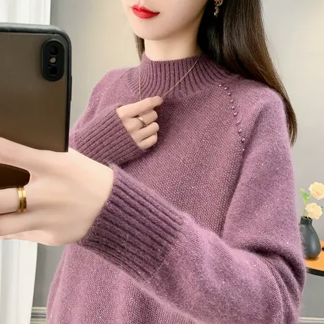 半高领毛衣女2024秋冬新款保暖外穿钉珠亮丝亮片软糯针织衫女上衣商品大图