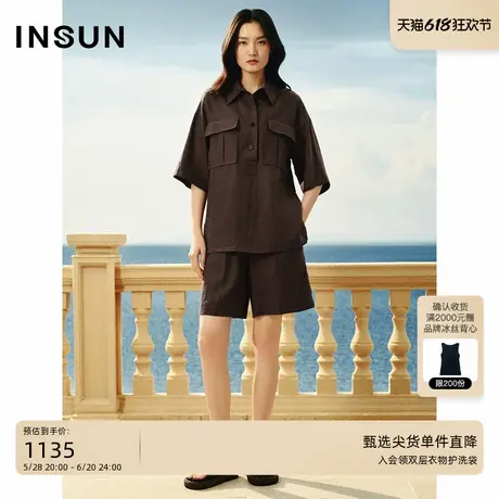 INSUN恩裳夏季休闲宽松咖色亚麻短裤商品大图