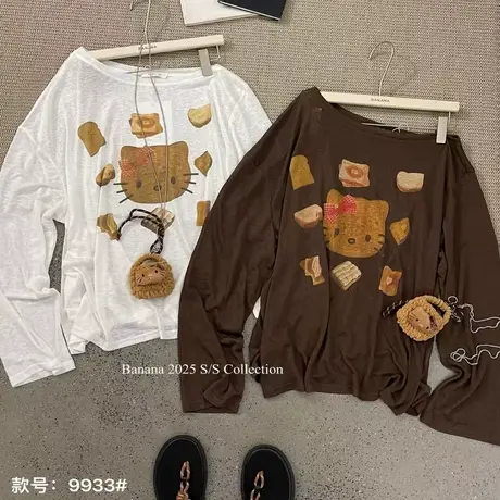 夏季韩版时髦KT猫印花薄款长袖T恤女休闲大码斜领防嗮罩衫上衣潮商品大图