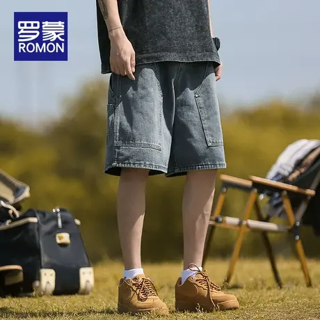 罗蒙男士牛仔短裤2025新款夏季薄款美式潮牌宽松直筒休闲五分裤男图片