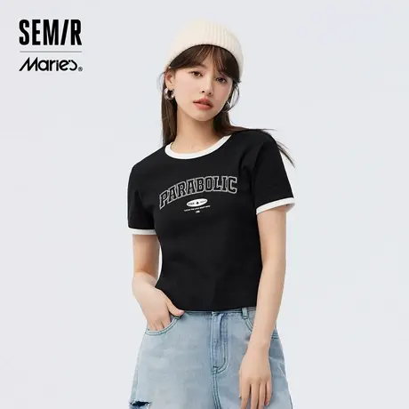 马利联名森马短袖T恤女夏季上衣短款紧身美式复古字母印花套头衫图片