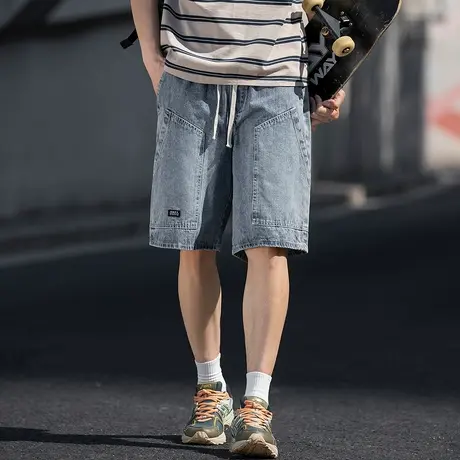唐狮夏季新款牛仔短裤男抽绳复古水洗薄款阔腿工装宽松五分中裤图片