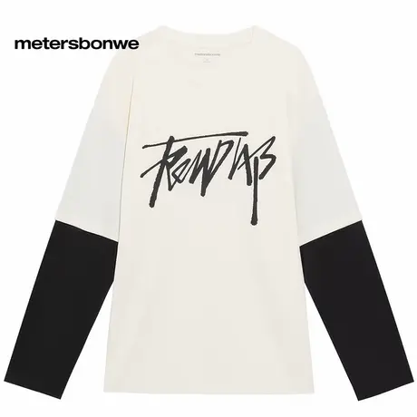美特斯邦威T恤男2025秋季新款宽松假两件印花长袖拼接慵懒风上衣图片