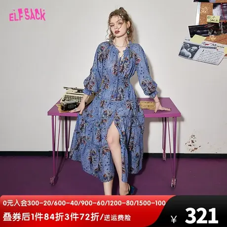 【商场同款】妖精的口袋法式连衣裙女2023春秋季新款v领宽松收腰图片