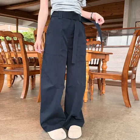 尔给夏季水洗带腰带休闲裤女高腰百搭宽松垂感设计感显瘦小弯刀裤商品大图