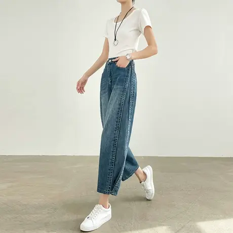 复古八分弯刀牛仔裤女夏季薄款高腰宽松直筒九分小个子显瘦阔腿裤商品大图