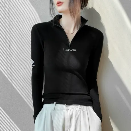 德绒套手指内搭打底衫女2025秋冬黑色修身拉链半高领外穿长袖T恤图片