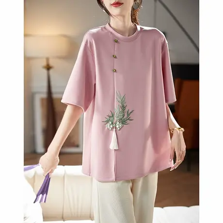 宝诗黎圆领国风刺绣流苏拼接短袖2025夏季新中式简约百搭T恤上衣图片