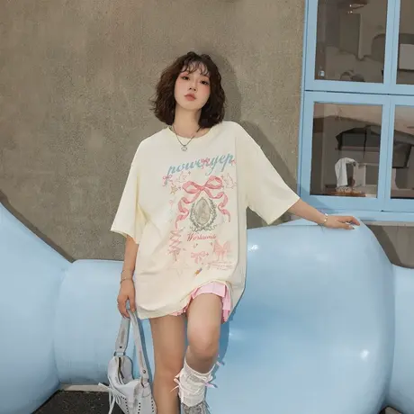 YEP复古直喷印花t恤女2025新款夏季纯棉百搭半袖宽松情侣短袖上衣图片